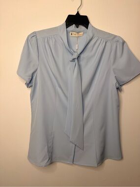 Coldwater Creek Pale Blue Short-Sleeve Tie-Neck Blouse